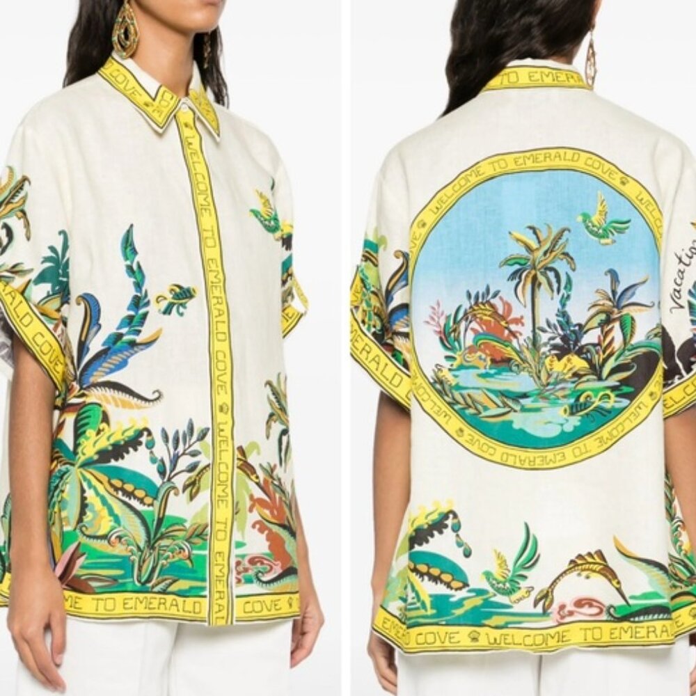ALÉMAIS Day Dream Emerald Cove Linen Shirt - Ecru Multi - US 8 AU 12